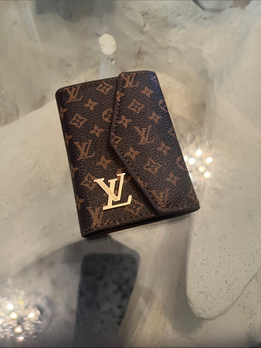Louis Vuitton !style!Monogram Brown & Tan Card Holder with Gold LV Accent